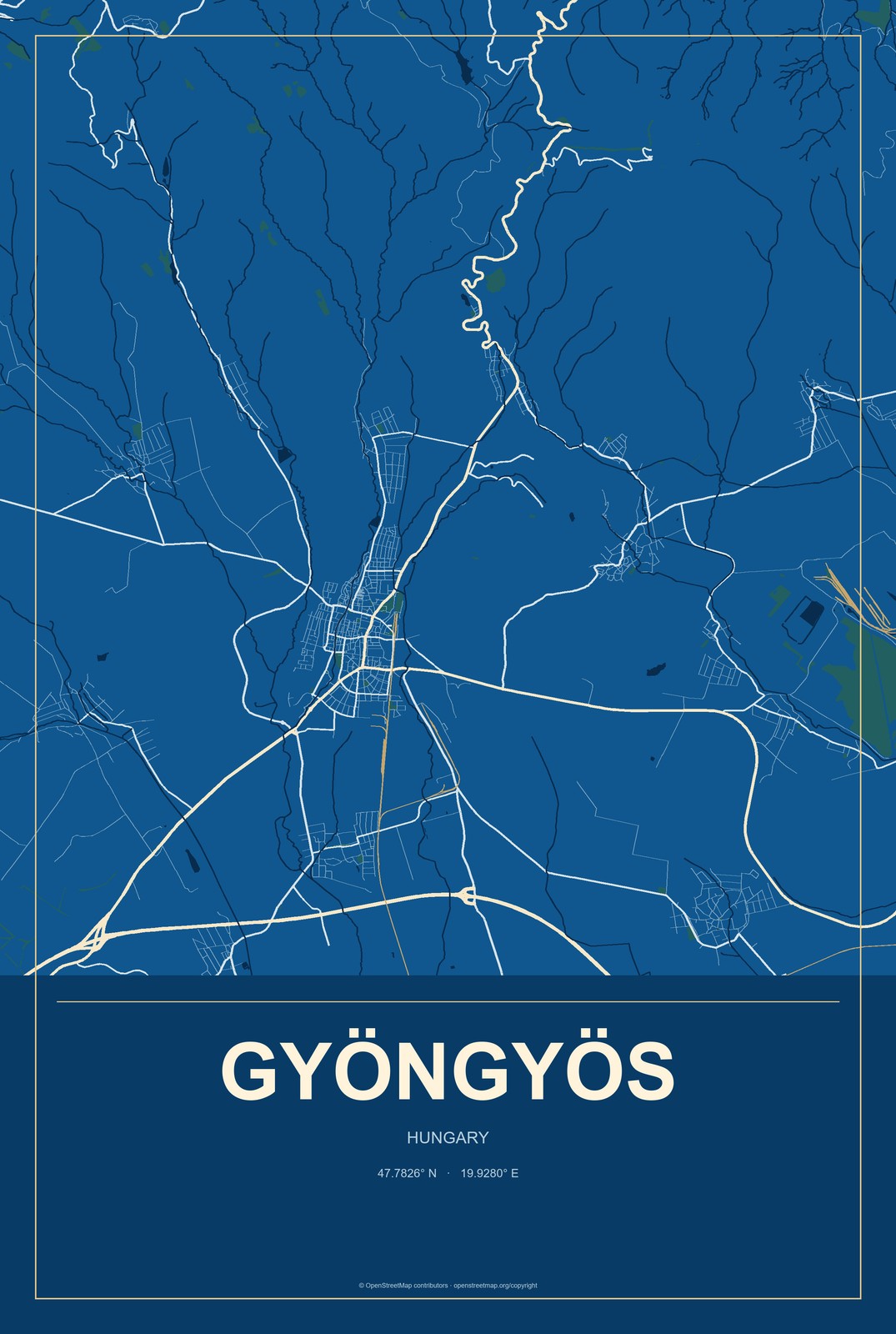 Gyöngyös, Hungary City Map Aluminum Sign in Harbor Cobalt style
