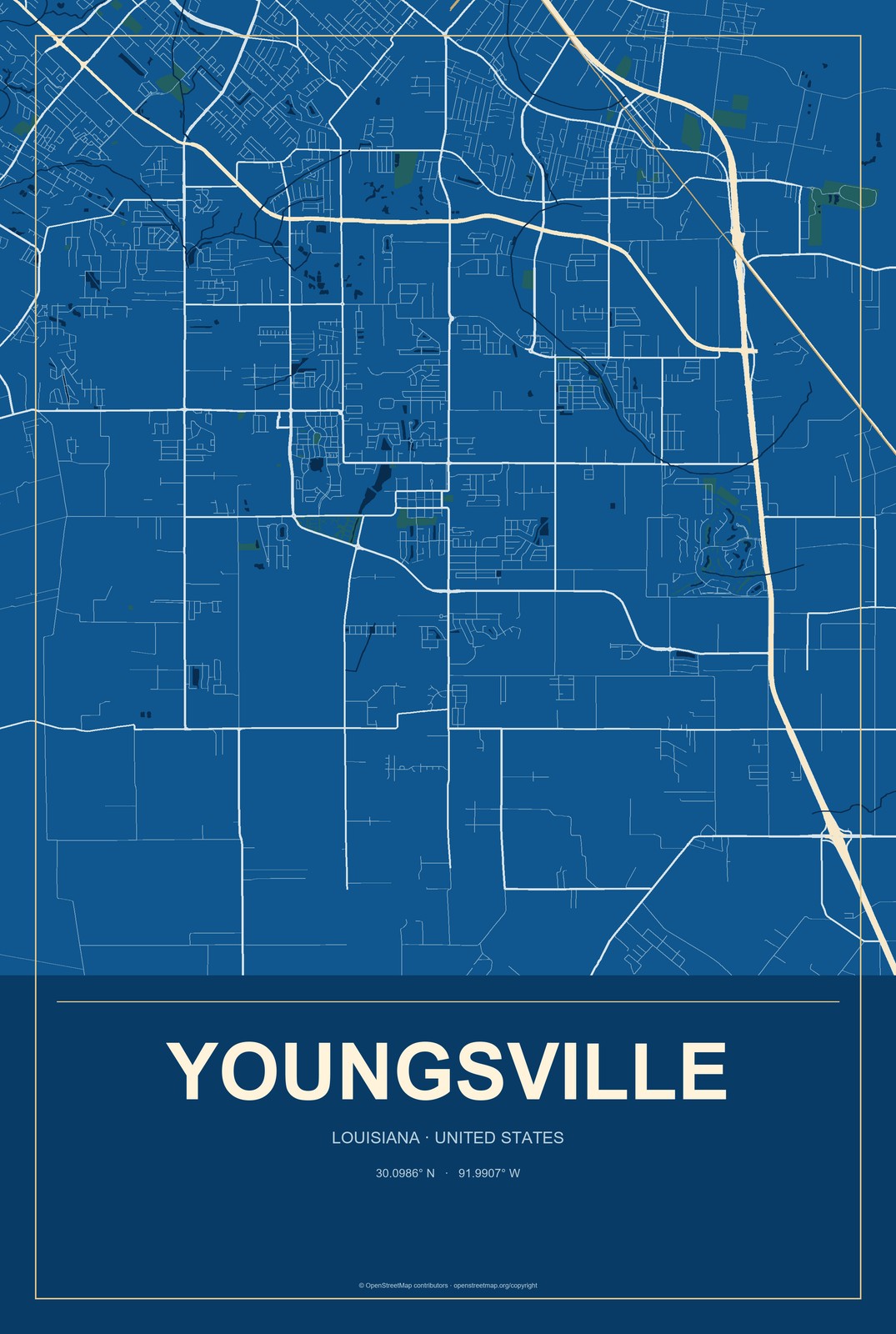 Youngsville, Louisiana City Map Aluminum Sign in Harbor Cobalt style