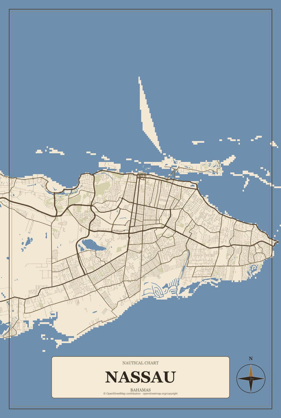 Nassau, Bahamas City Map Aluminum Sign in Heritage Nautical style