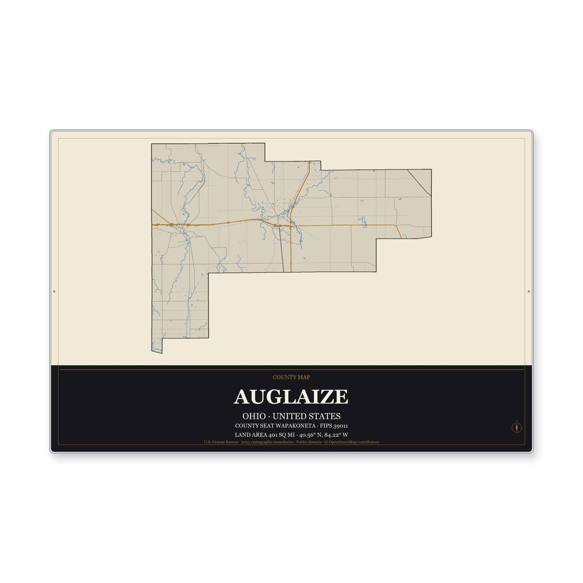 Auglaize County, Ohio Map Aluminum Sign in Museum Plaque style