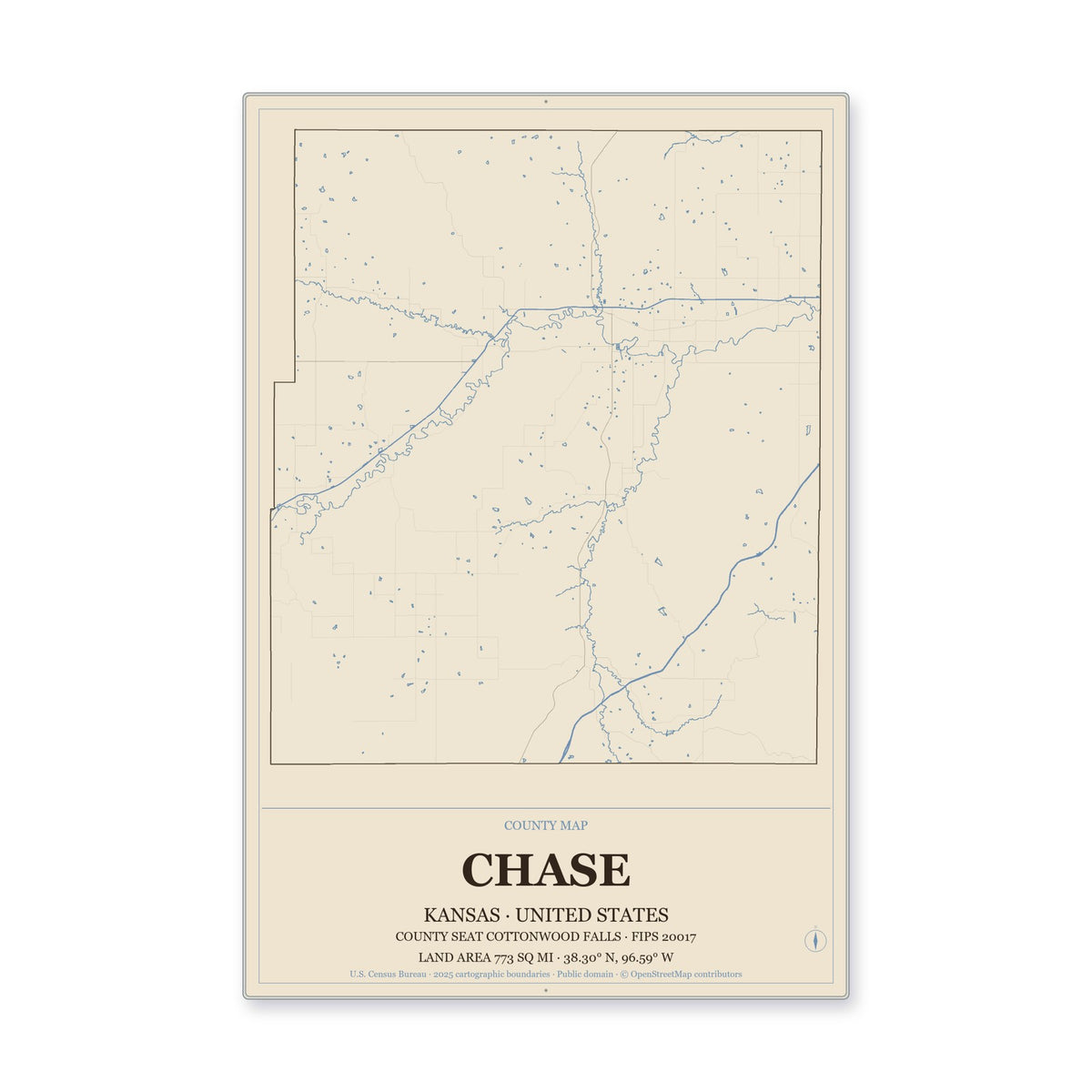 Chase County, Kansas Map Aluminum Sign in Heritage Nautical style