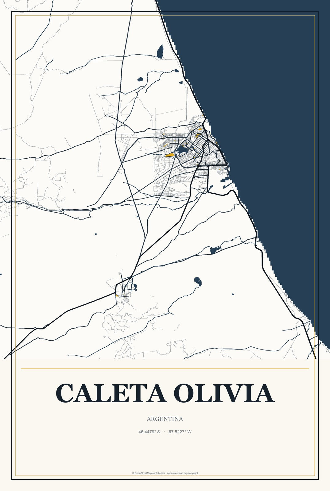 Caleta Olivia, Argentina City Map Aluminum Sign in Citrine Modern style