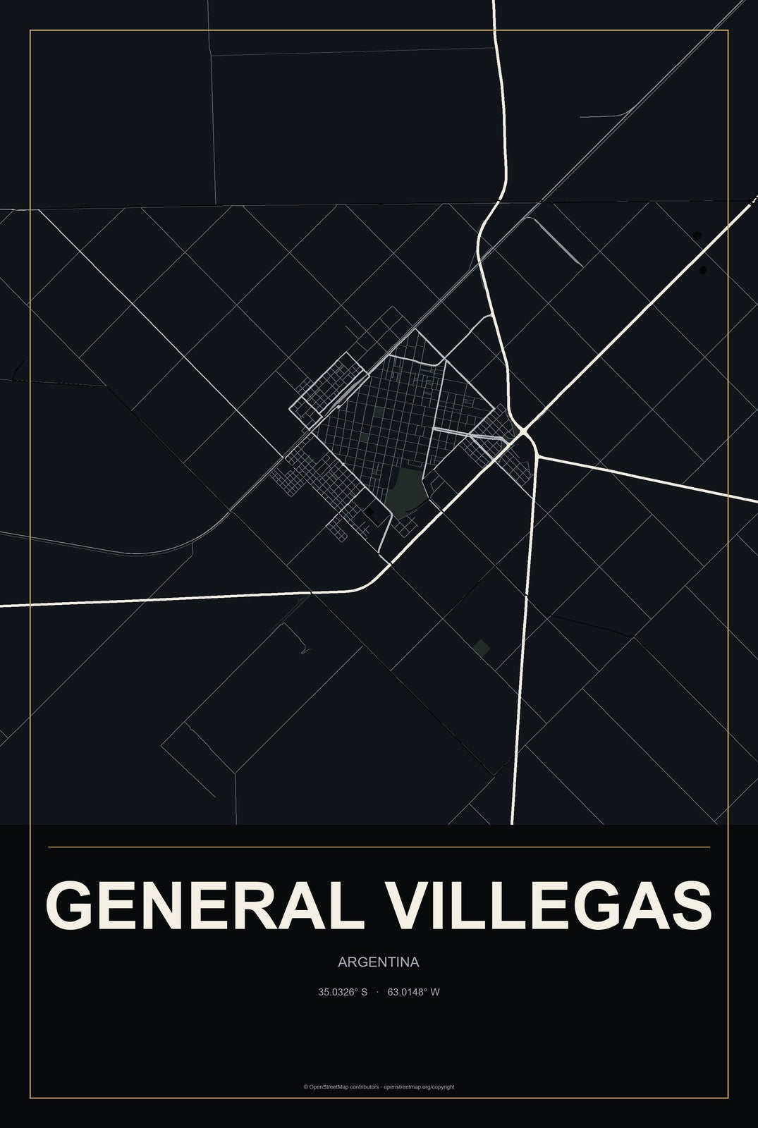 General Villegas, Argentina City Map Aluminum Sign in Metropolitan Noir style