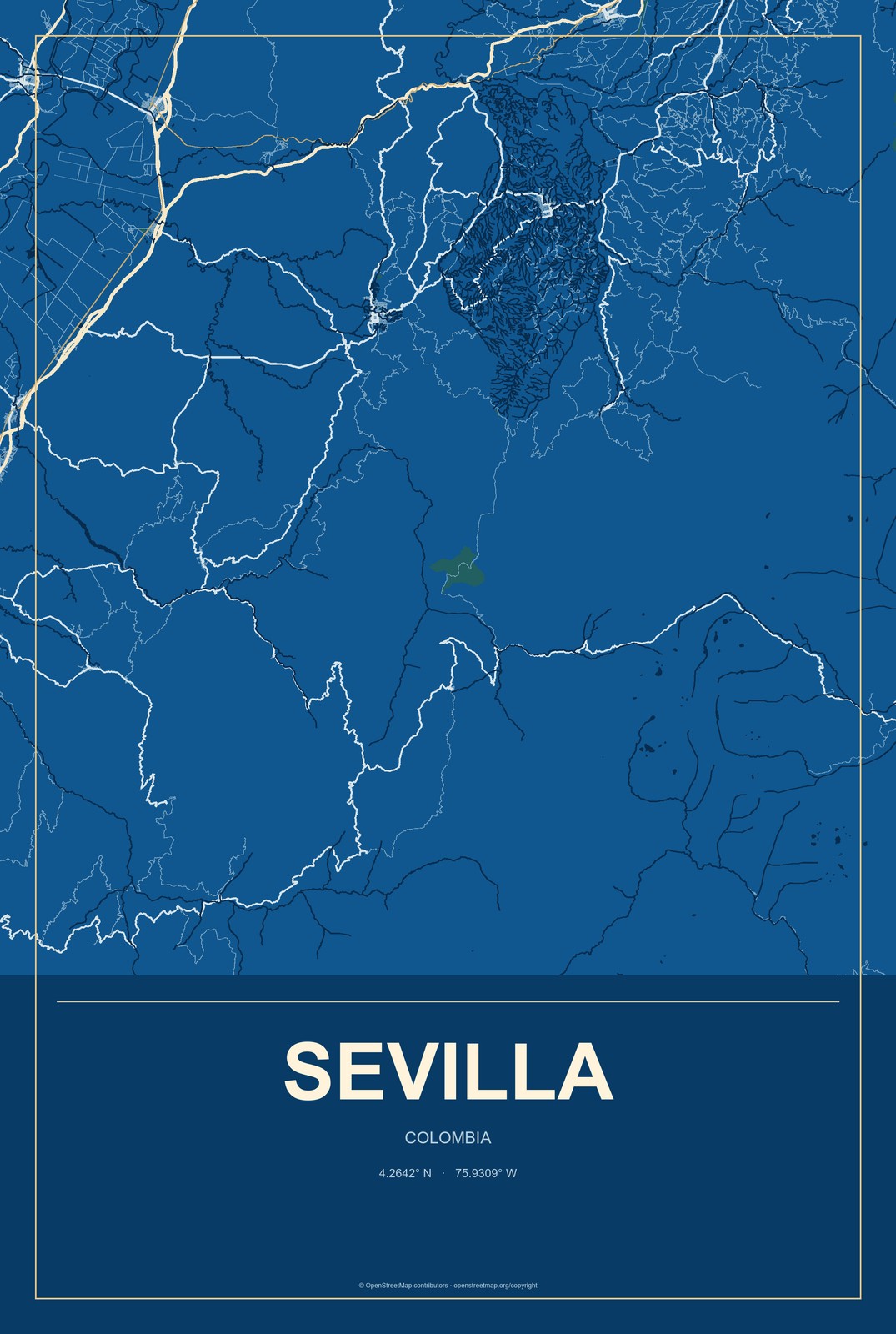 Sevilla, Colombia City Map Aluminum Sign in Harbor Cobalt style