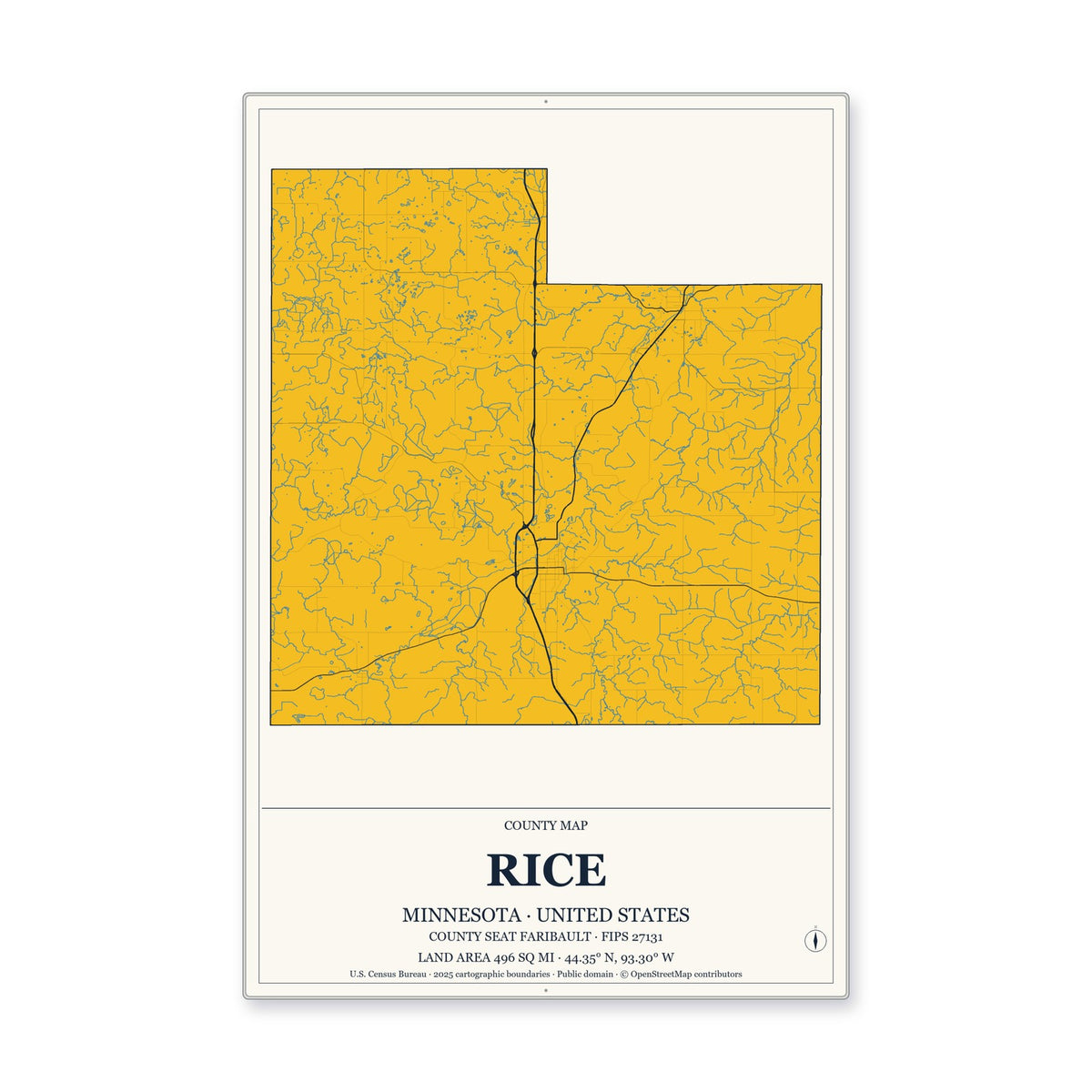 Rice County, Minnesota Map Aluminum Sign in Citrine Modern style