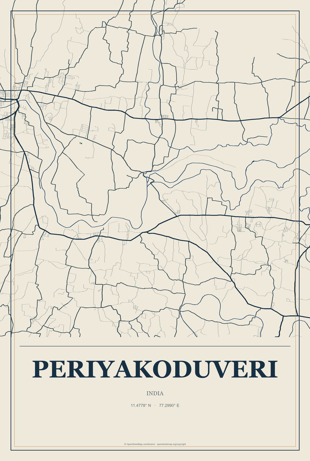 Periyakoduveri, India City Map Aluminum Sign in Coastal Cutout style