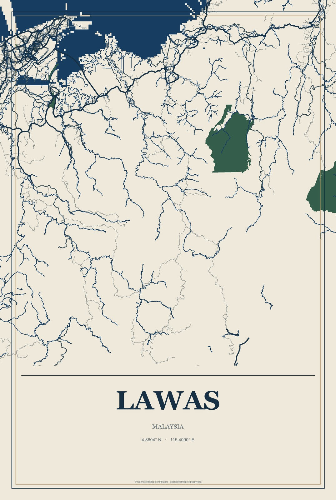 Lawas, Malaysia City Map Aluminum Sign in Coastal Cutout style