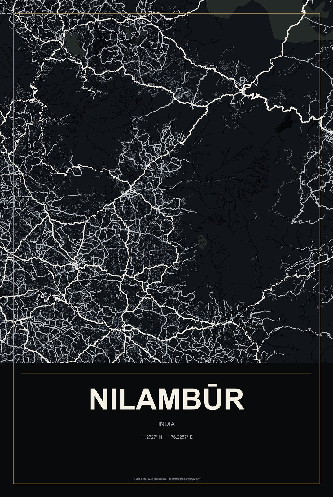 Nilambūr, India City Map Aluminum Sign in Metropolitan Noir style