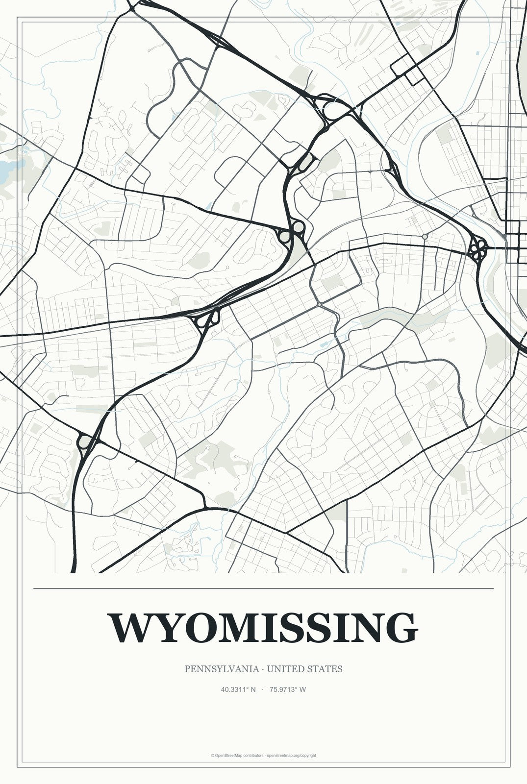 Wyomissing, Pennsylvania City Map Aluminum Sign in Gallery Air style