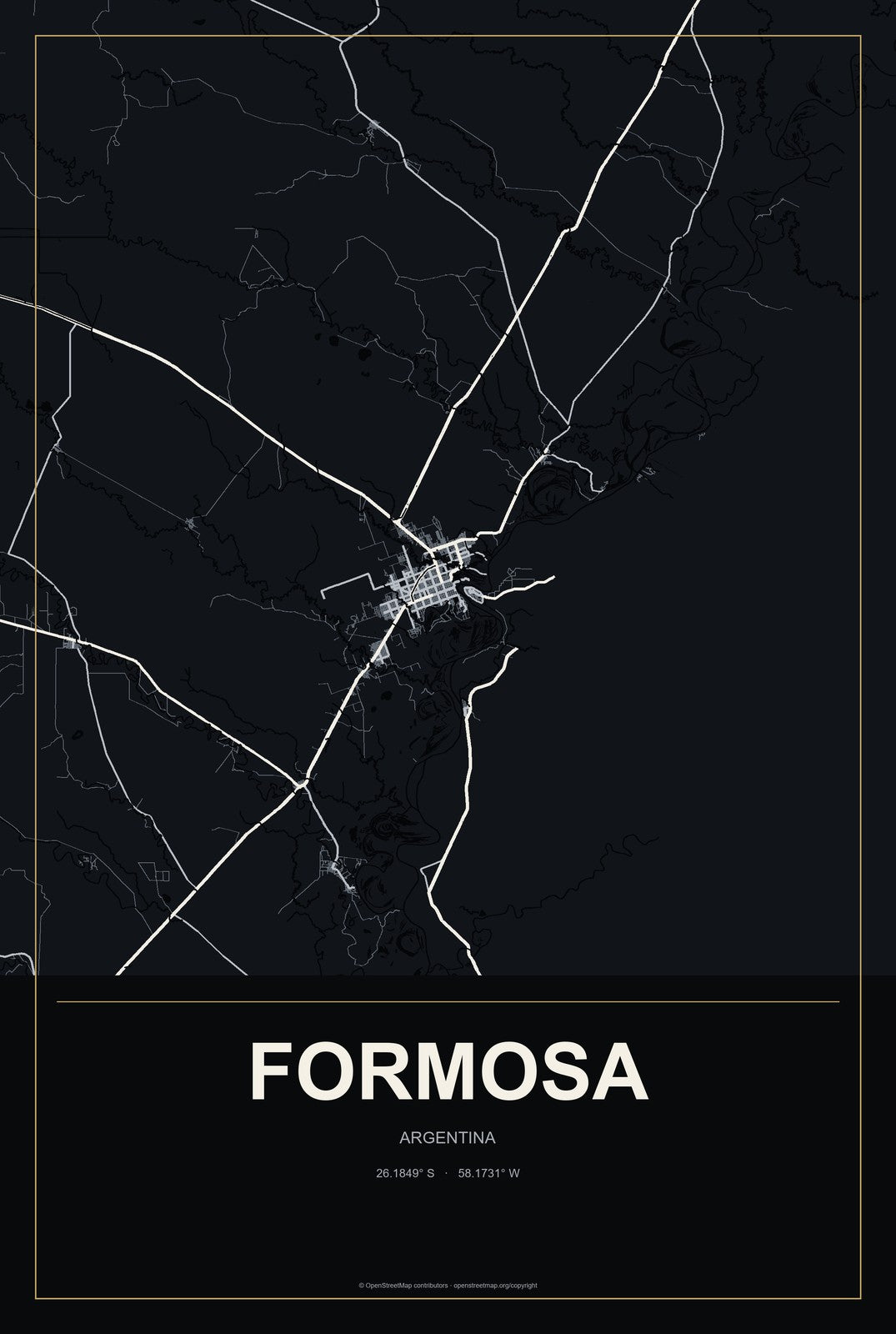 Formosa, Argentina City Map Aluminum Sign in Metropolitan Noir style