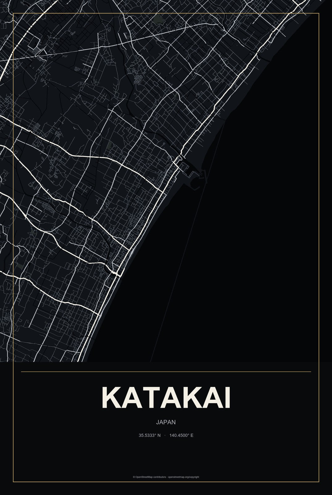 Katakai, Japan City Map Aluminum Sign in Metropolitan Noir style
