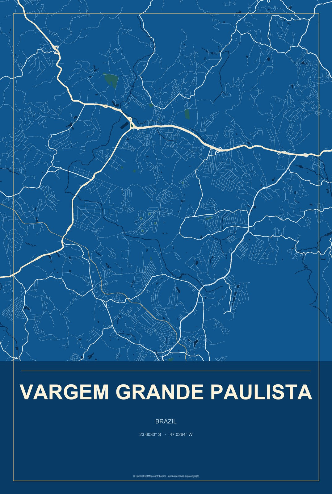 Vargem Grande Paulista, Brazil City Map Aluminum Sign in Harbor Cobalt style