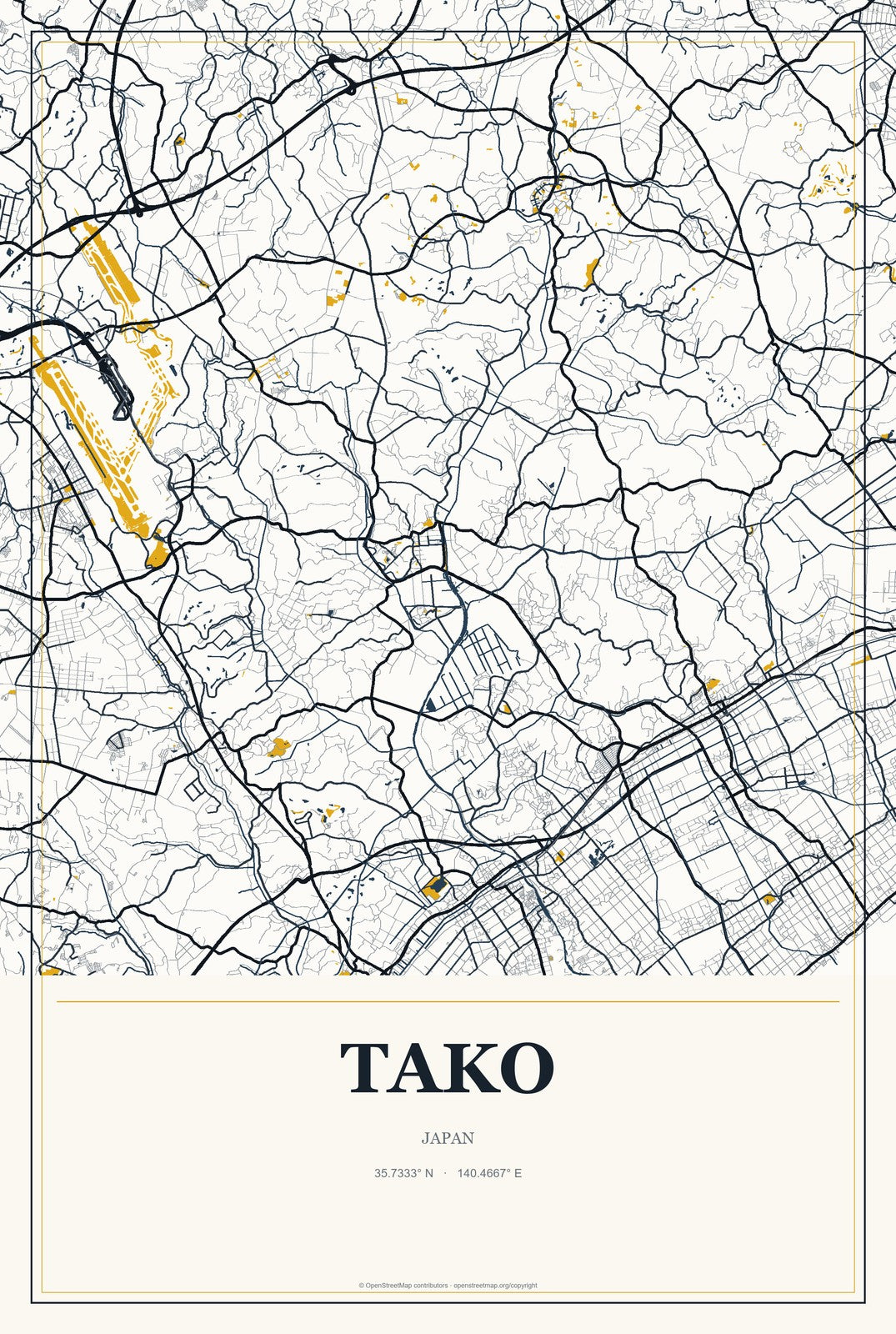 Tako, Japan City Map Aluminum Sign in Citrine Modern style