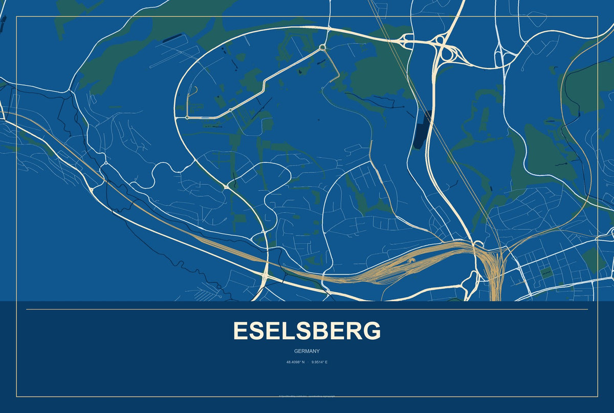 Eselsberg, Germany City Map Aluminum Sign in Harbor Cobalt style