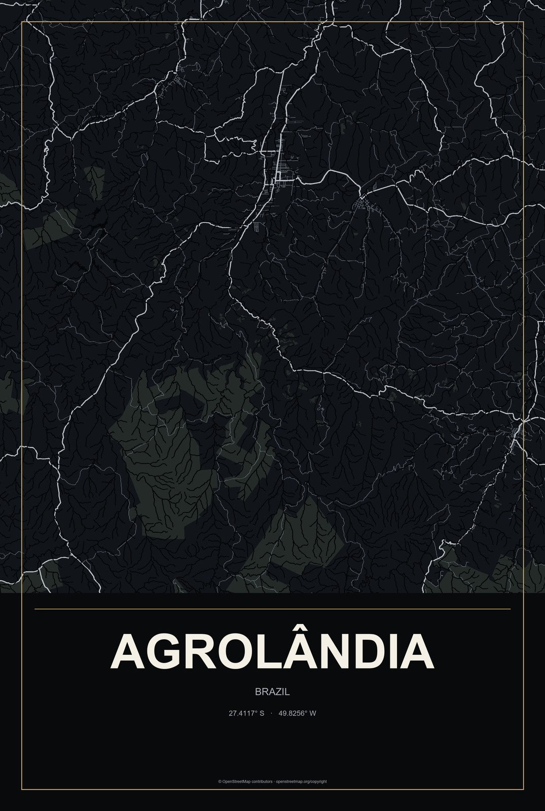 Agrolândia, Brazil City Map Aluminum Sign in Metropolitan Noir style