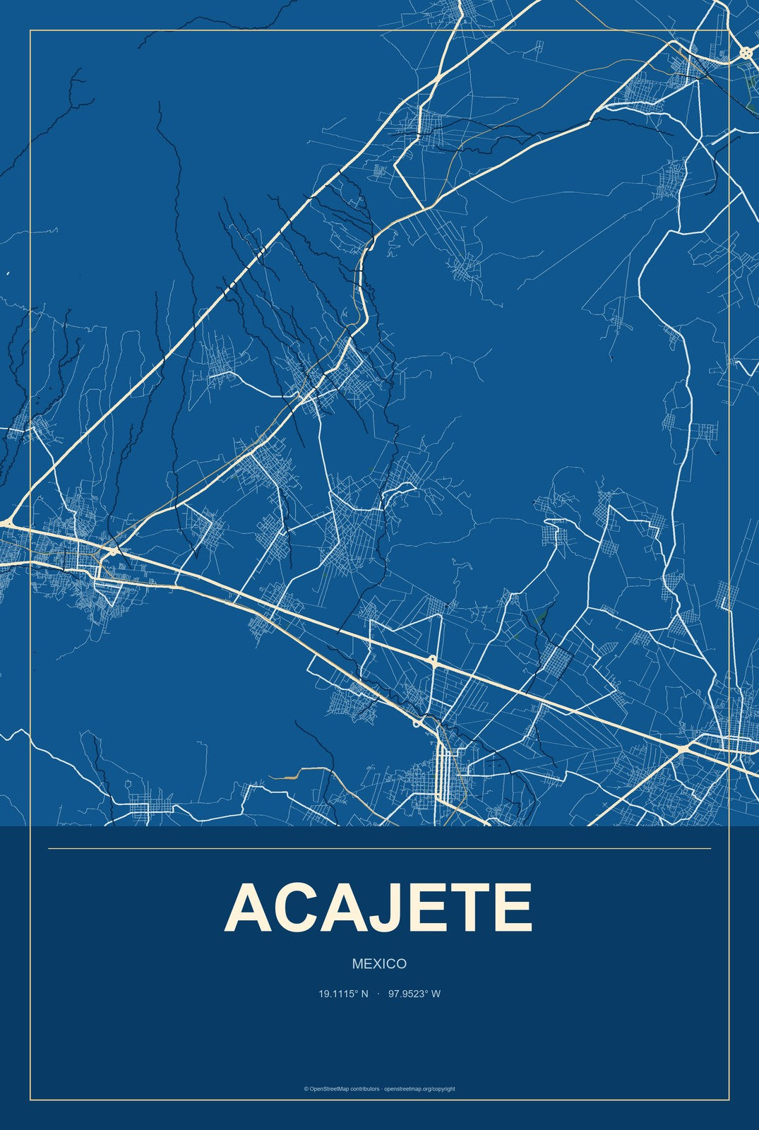 Acajete, Mexico City Map Aluminum Sign in Harbor Cobalt style