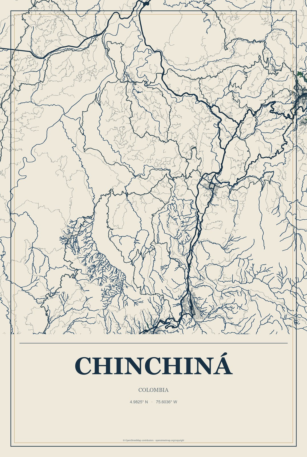 Chinchiná, Colombia City Map Aluminum Sign in Coastal Cutout style