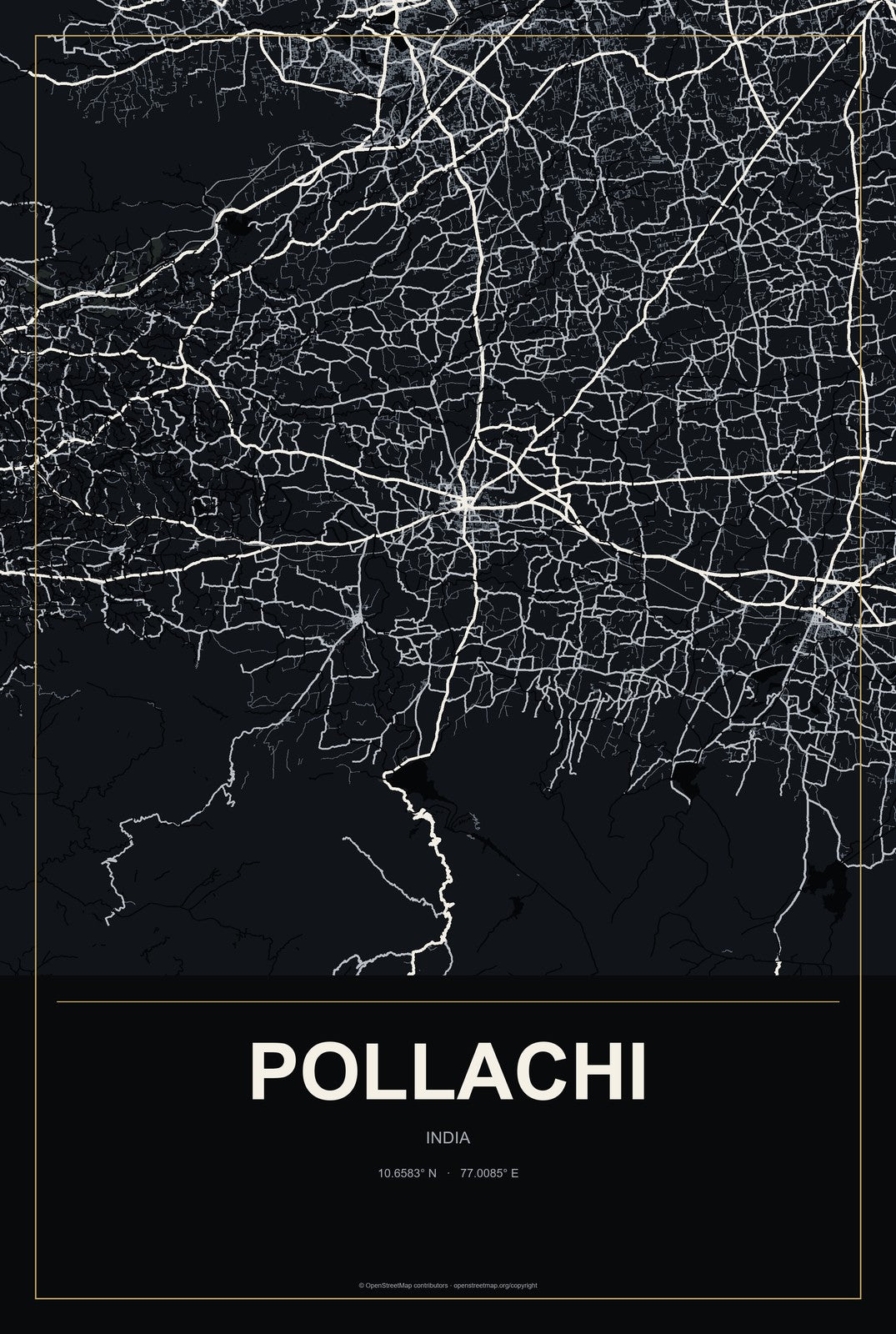 Pollachi, India City Map Aluminum Sign in Metropolitan Noir style