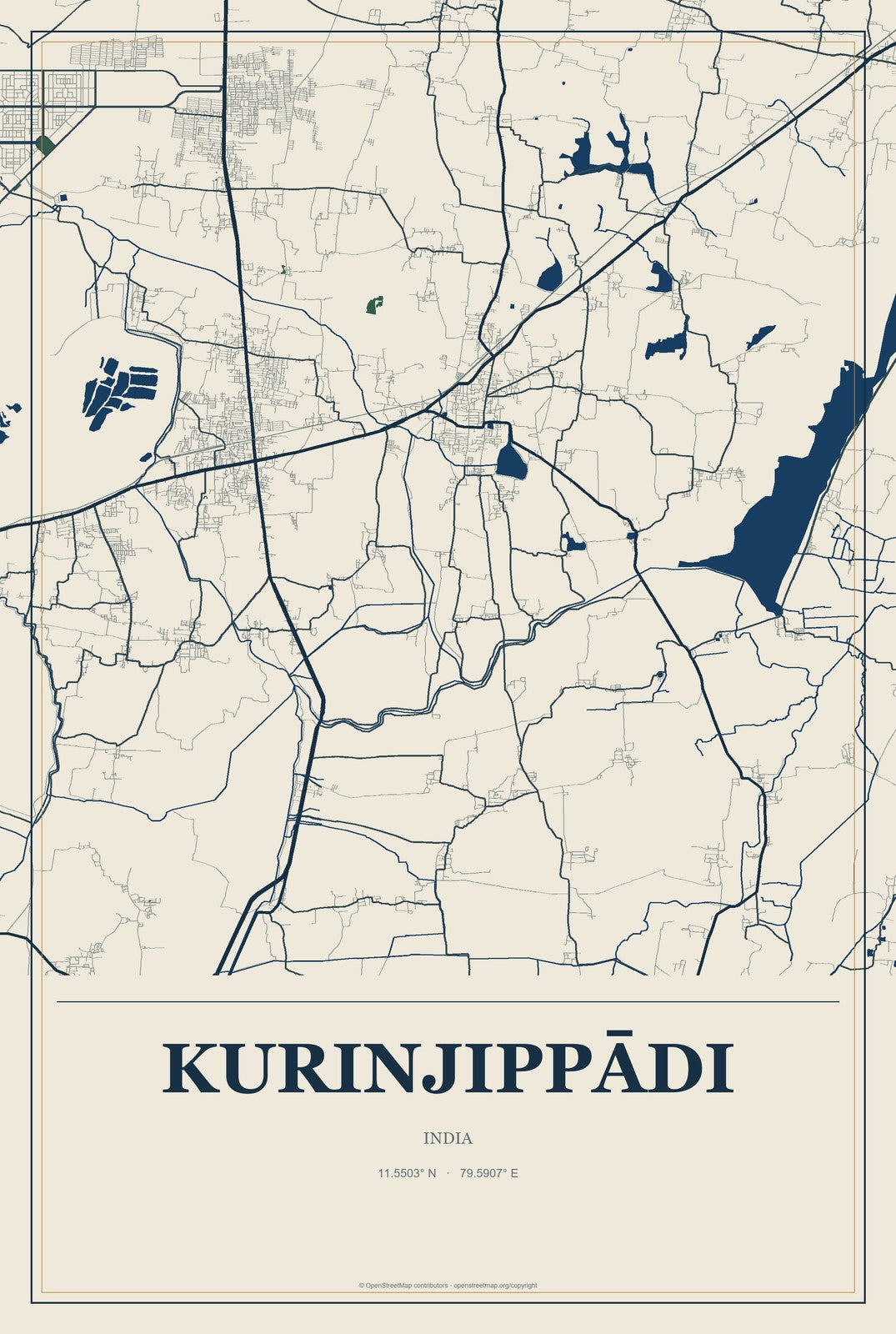 Kurinjippādi, India City Map Aluminum Sign in Coastal Cutout style