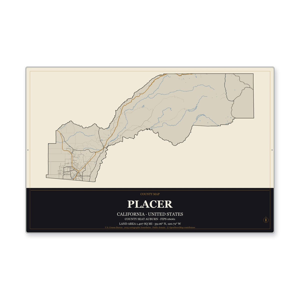 Placer County, California Map Aluminum Sign in Museum Plaque style