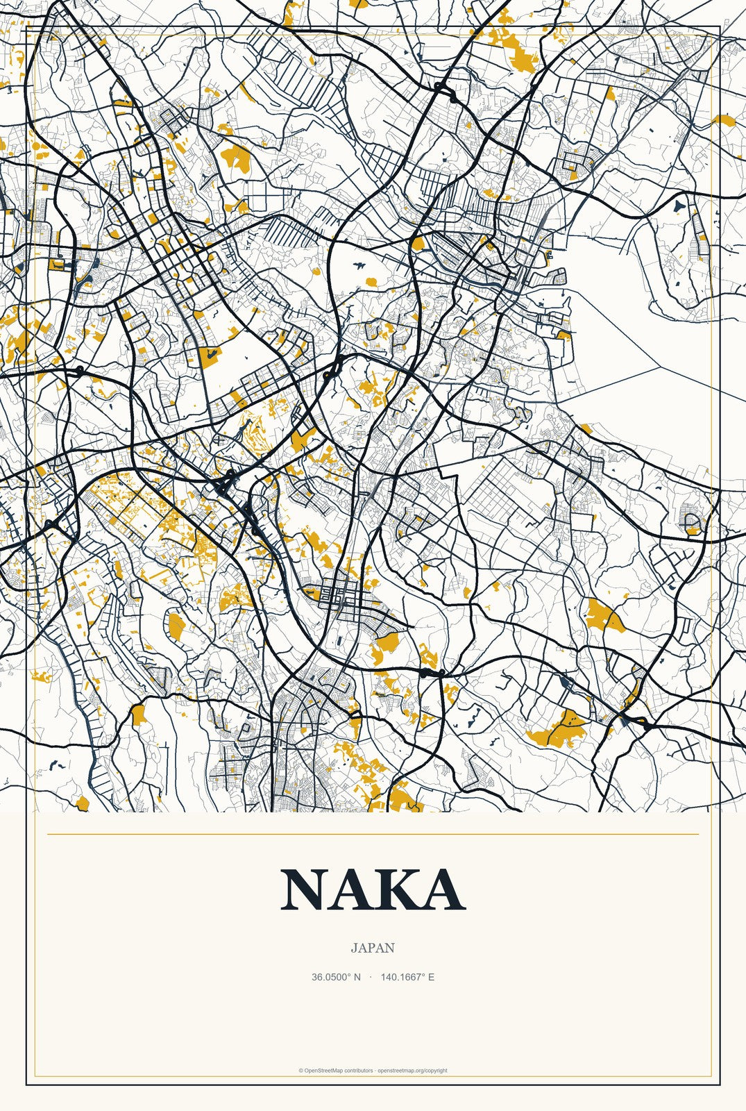 Naka, Japan City Map Aluminum Sign in Citrine Modern style