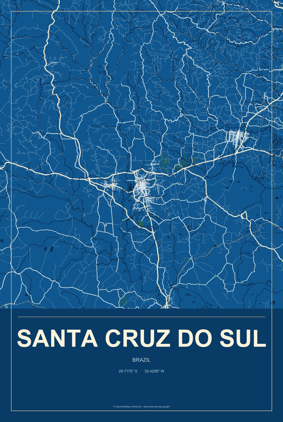 Santa Cruz do Sul, Brazil City Map Aluminum Sign in Harbor Cobalt style