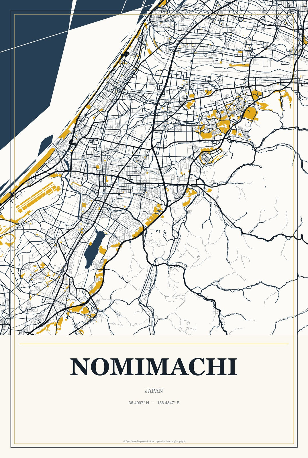 Nomimachi, Japan City Map Aluminum Sign in Citrine Modern style