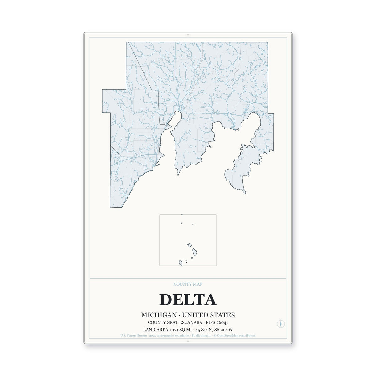 Delta County, Michigan Map Aluminum Sign in Gallery Air style