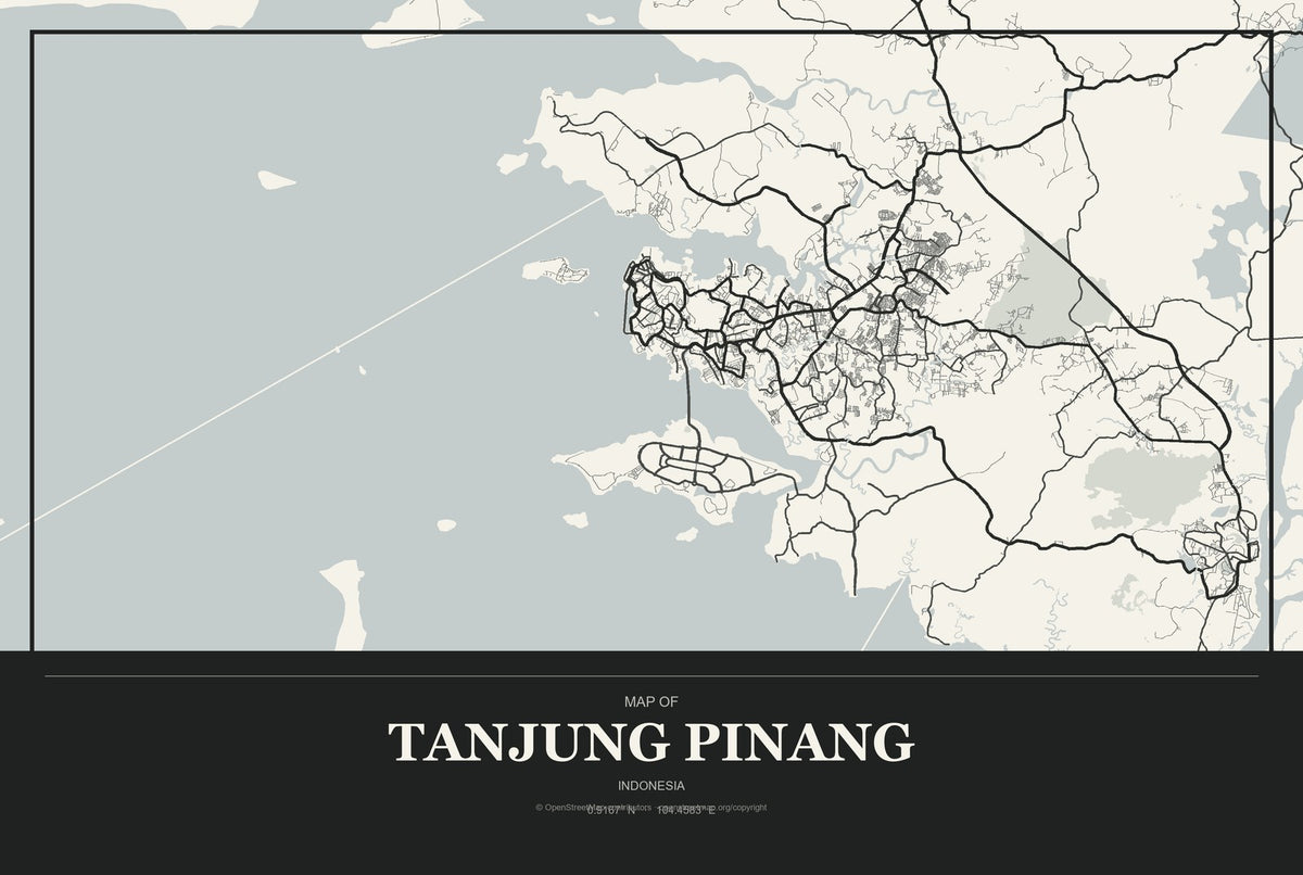 Tanjung Pinang, Indonesia City Map Aluminum Sign in Museum Plaque style