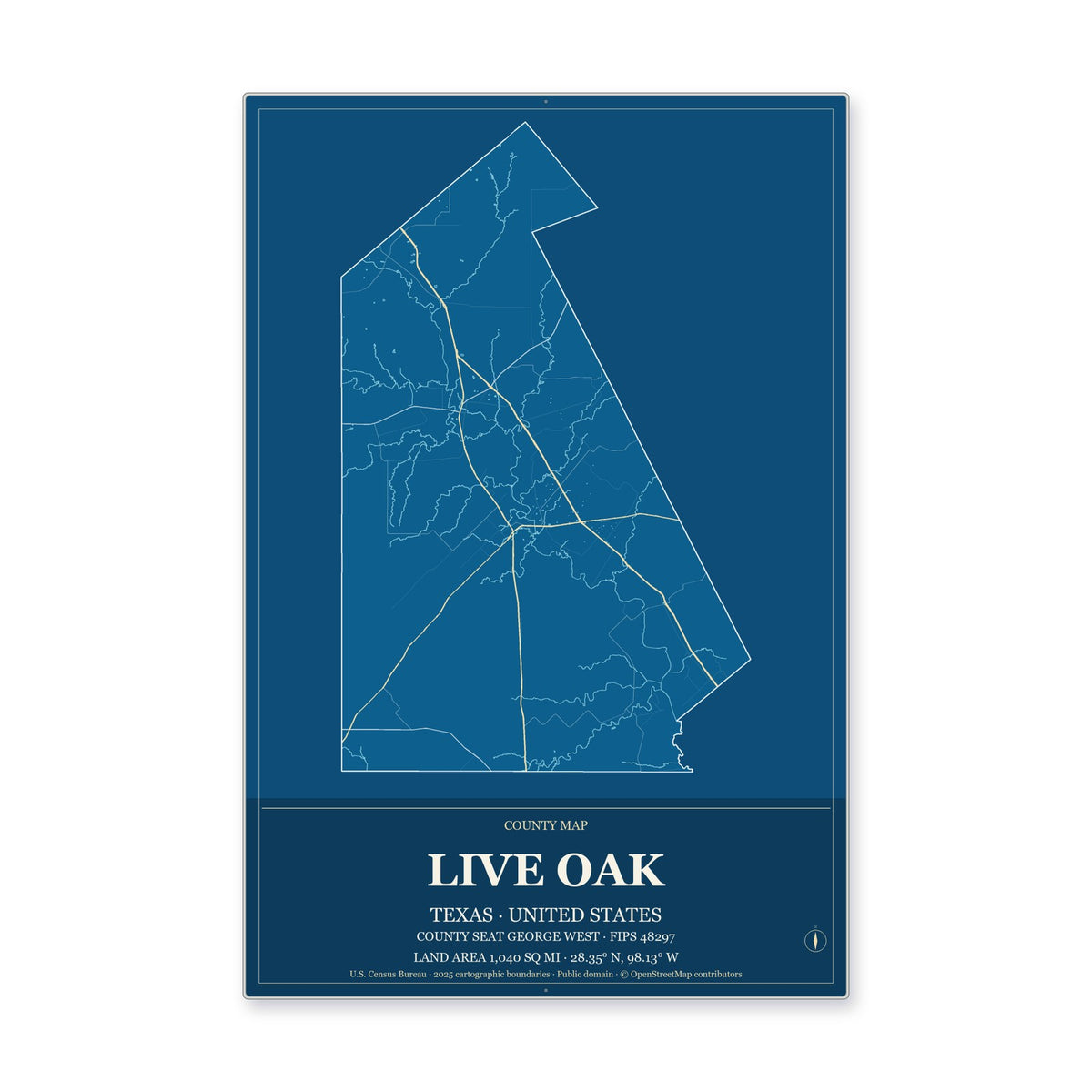 Live Oak County, Texas Map Aluminum Sign in Harbor Cobalt style