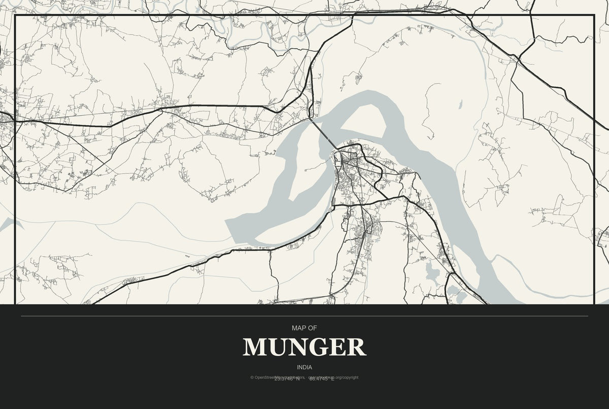 Munger, India City Map Aluminum Sign in Museum Plaque style