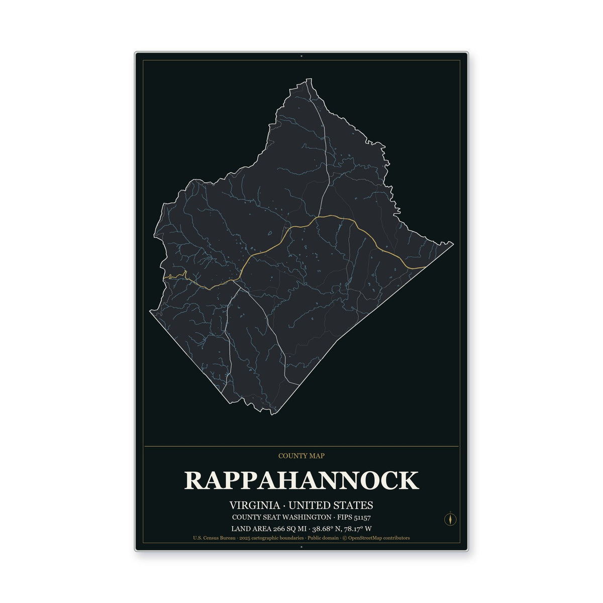 Rappahannock County, Virginia Map Aluminum Sign in Metropolitan Noir style