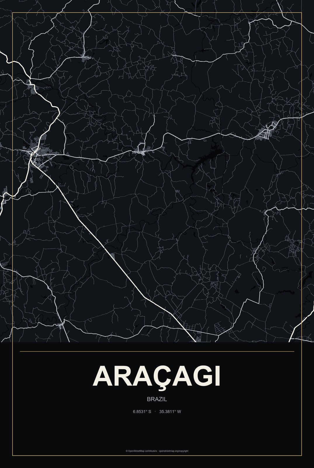 Araçagi, Brazil City Map Aluminum Sign in Metropolitan Noir style