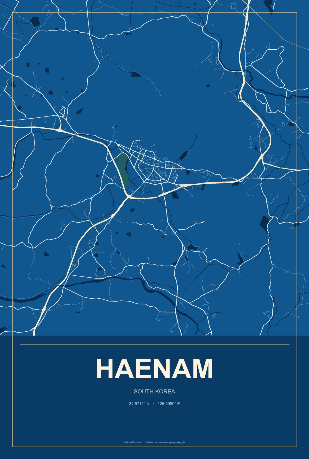 Haenam, South Korea City Map Aluminum Sign in Harbor Cobalt style