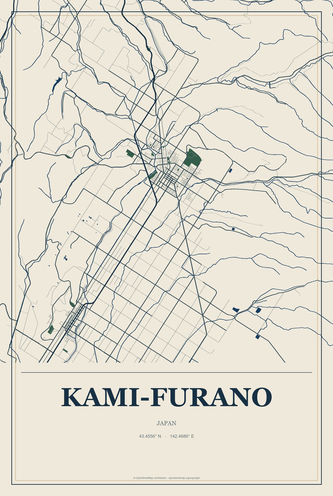 Kami-furano, Japan City Map Aluminum Sign in Coastal Cutout style