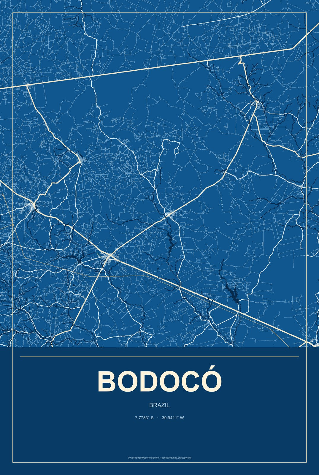 Bodocó, Brazil City Map Aluminum Sign in Harbor Cobalt style