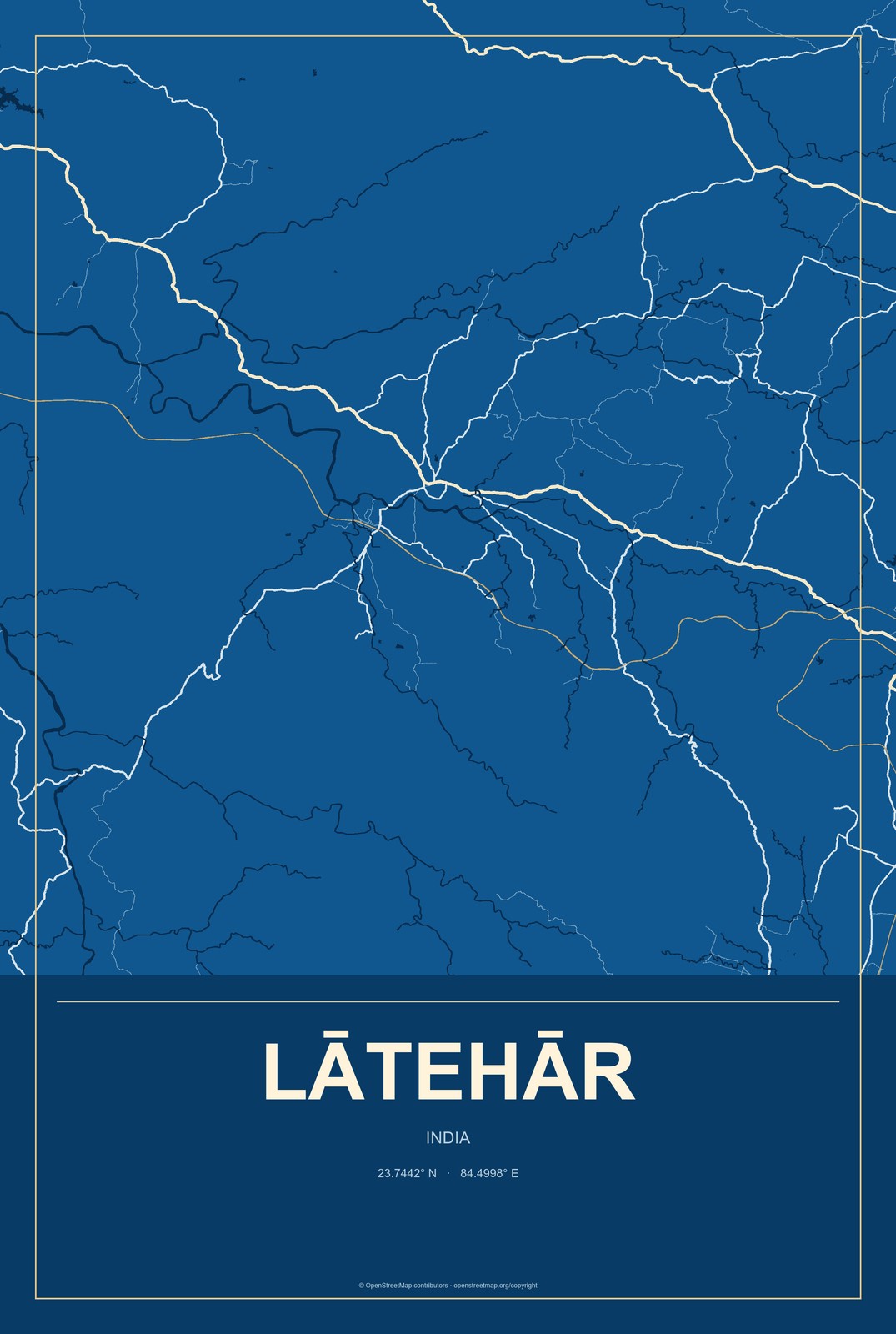 Lātehār, India City Map Aluminum Sign in Harbor Cobalt style