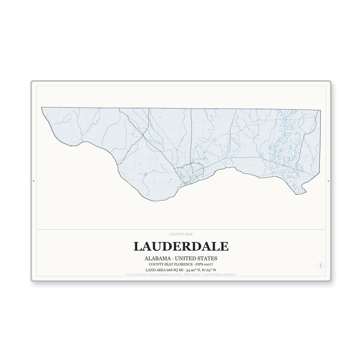 Lauderdale County, Alabama Map Aluminum Sign in Gallery Air style