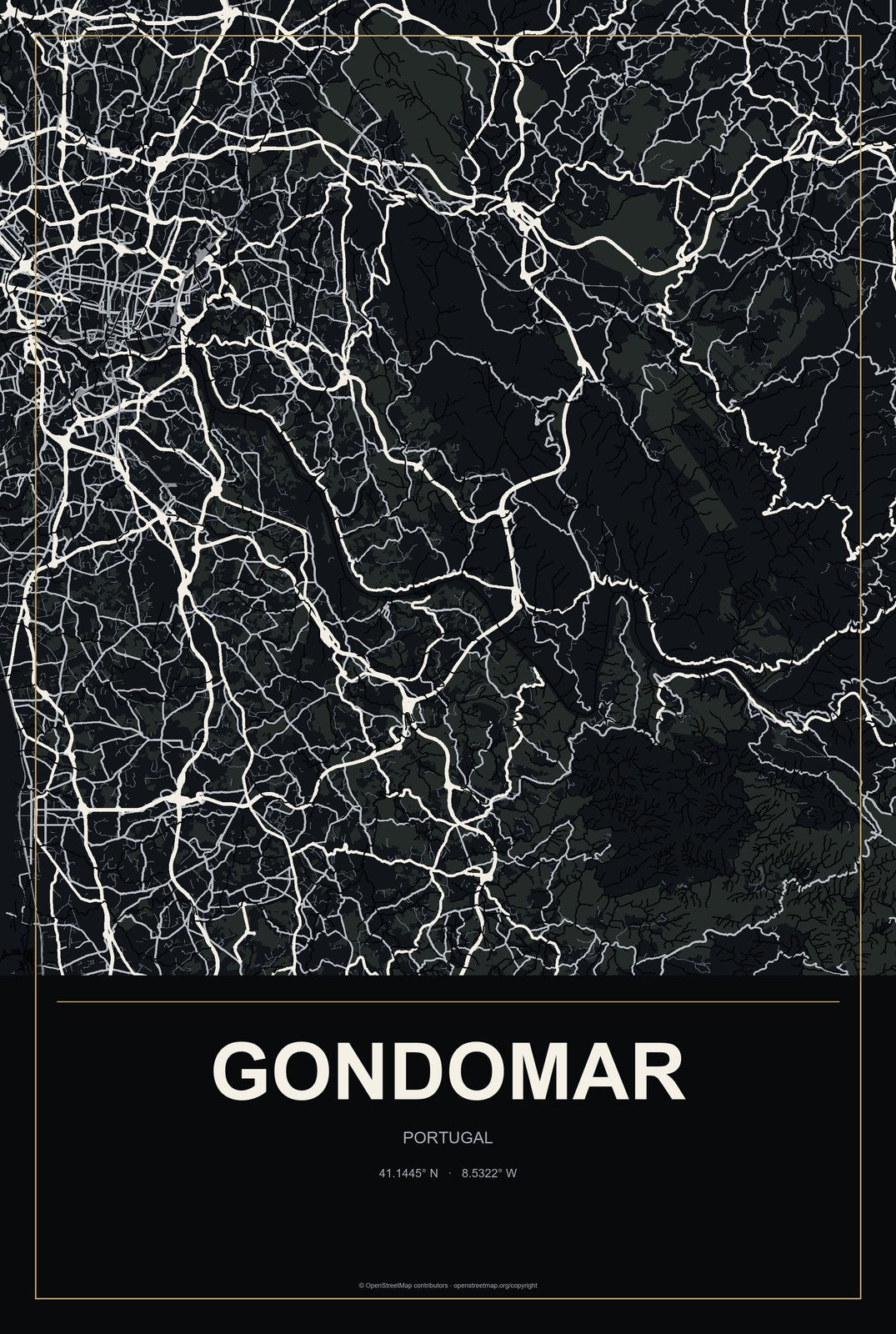 Gondomar, Portugal City Map Aluminum Sign in Metropolitan Noir style