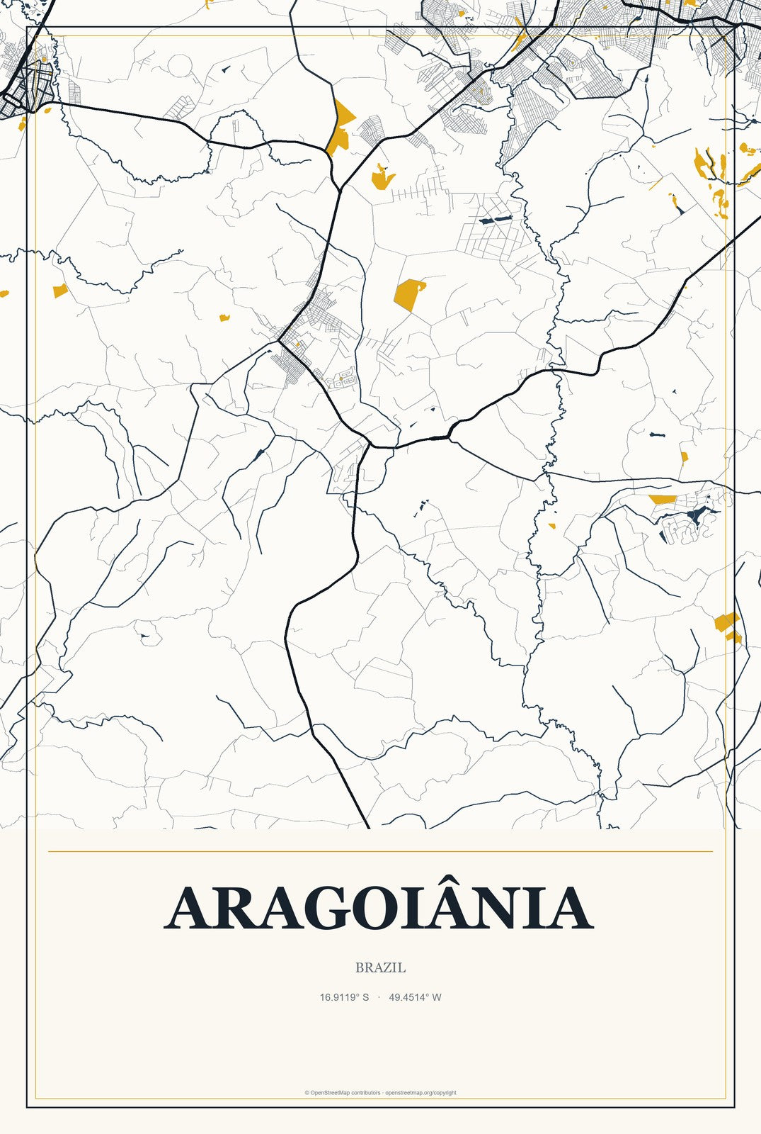 Aragoiânia, Brazil City Map Aluminum Sign in Citrine Modern style