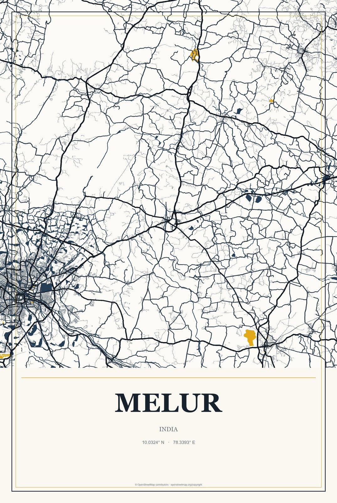 Melur, India City Map Aluminum Sign in Citrine Modern style