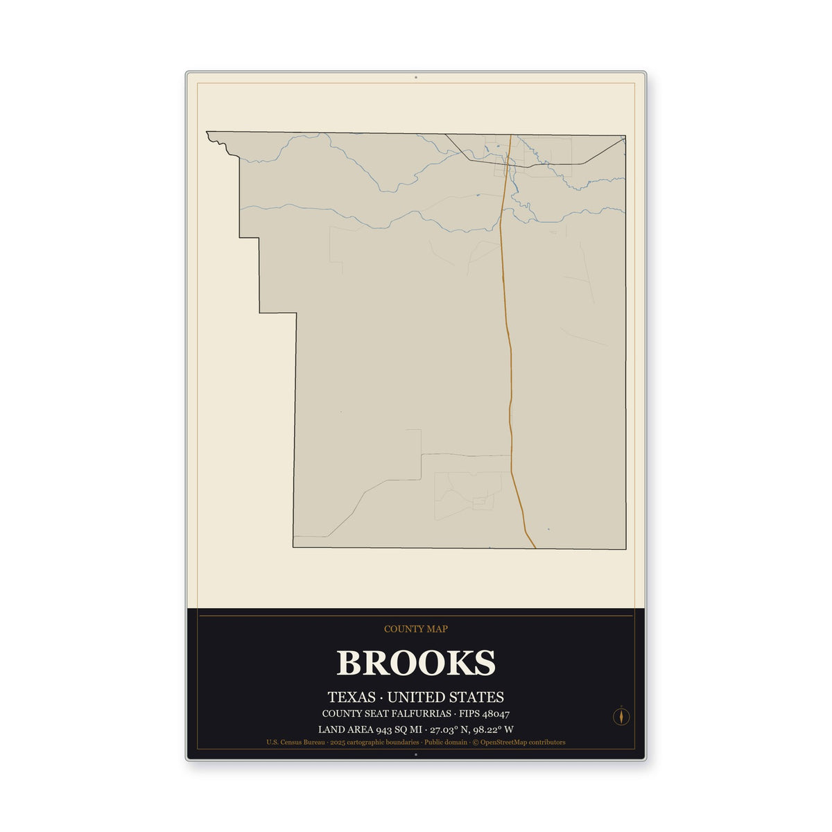 Brooks County, Texas Map Aluminum Sign in Museum Plaque style