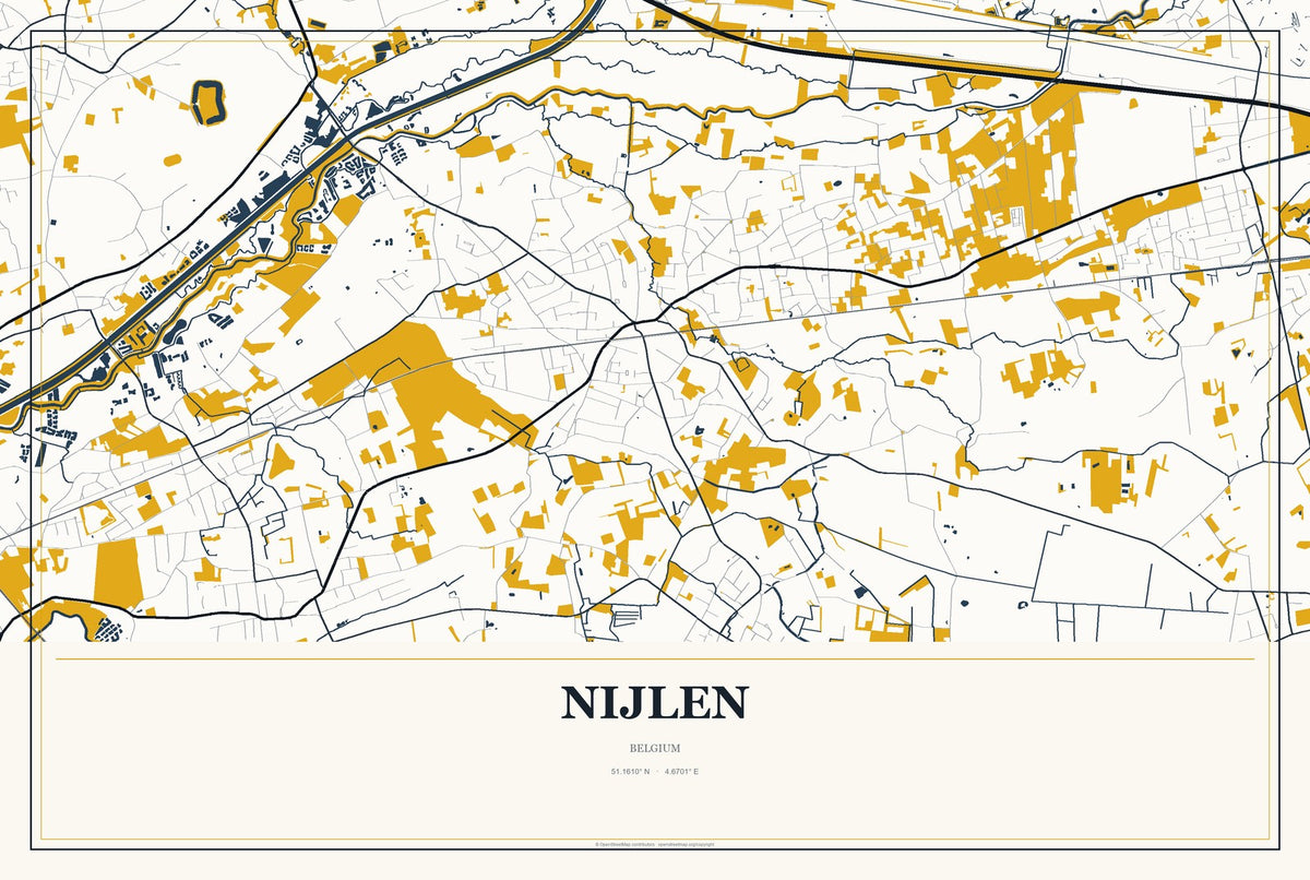 Nijlen, Belgium City Map Aluminum Sign in Citrine Modern style