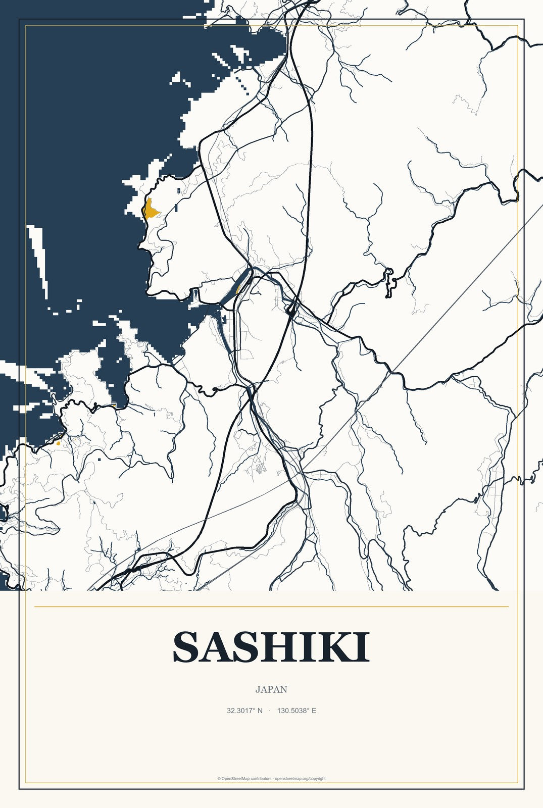 Sashiki, Japan City Map Aluminum Sign in Citrine Modern style