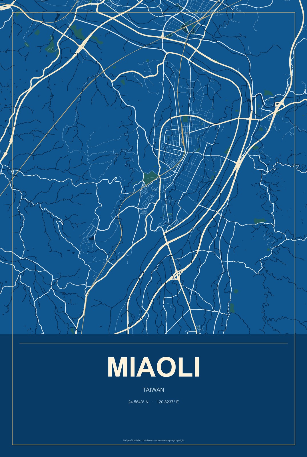 Miaoli, Taiwan City Map Aluminum Sign in Harbor Cobalt style