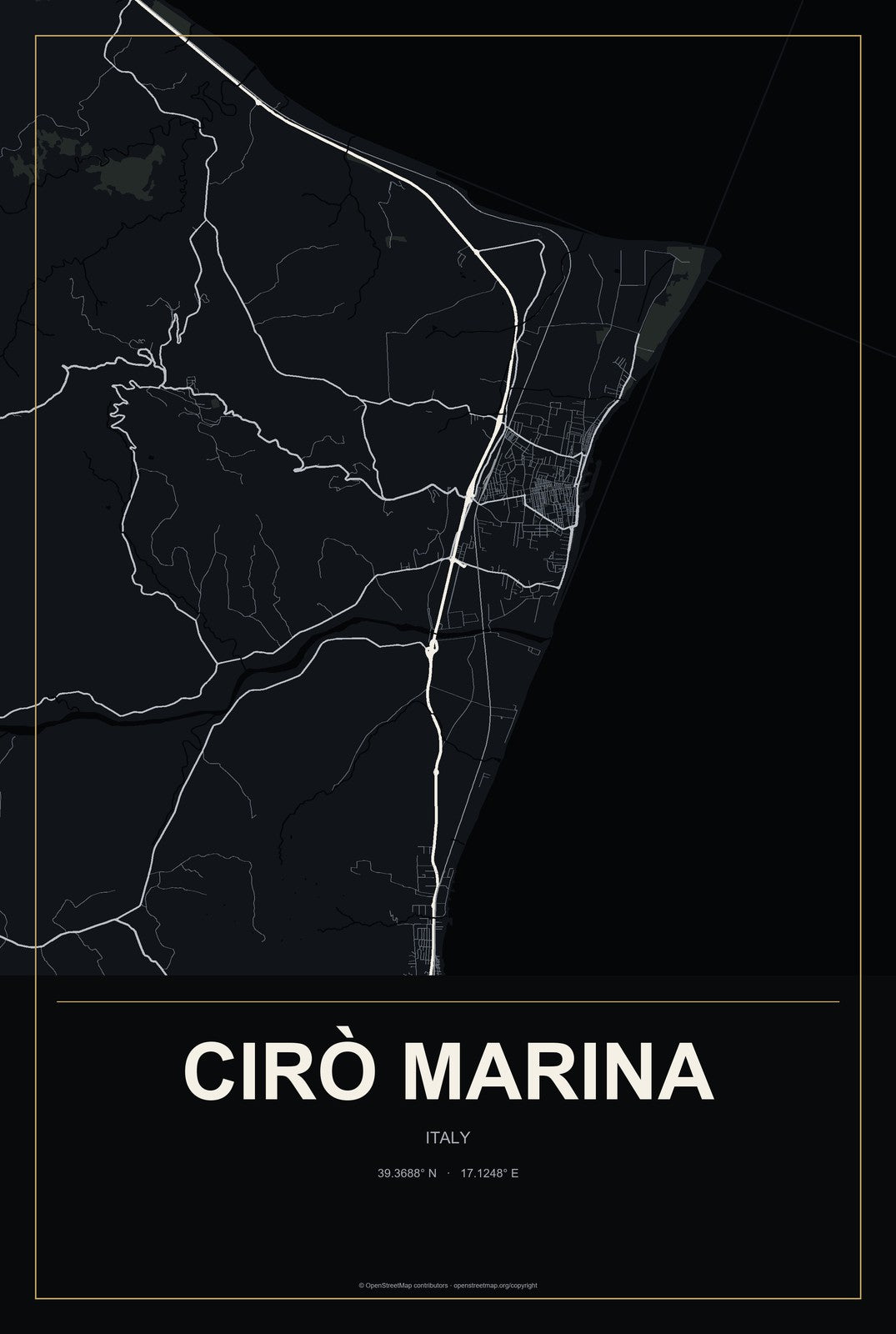 Cirò Marina, Italy City Map Aluminum Sign in Metropolitan Noir style
