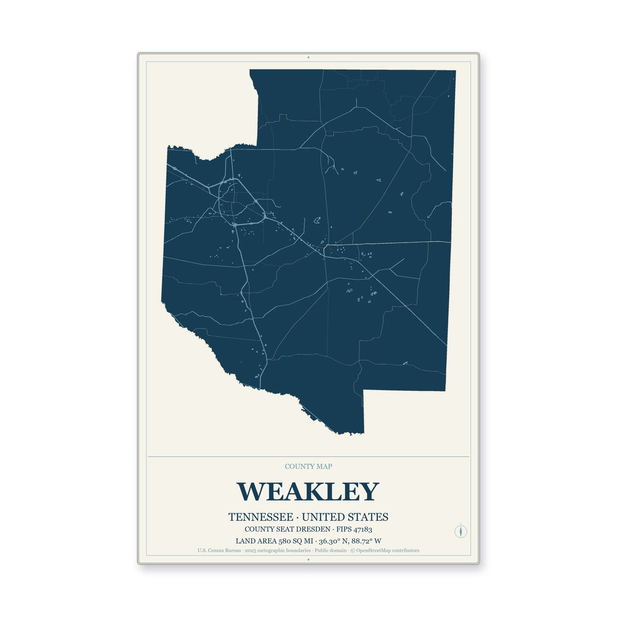Weakley County, Tennessee Map Aluminum Sign in Coastal Cutout style