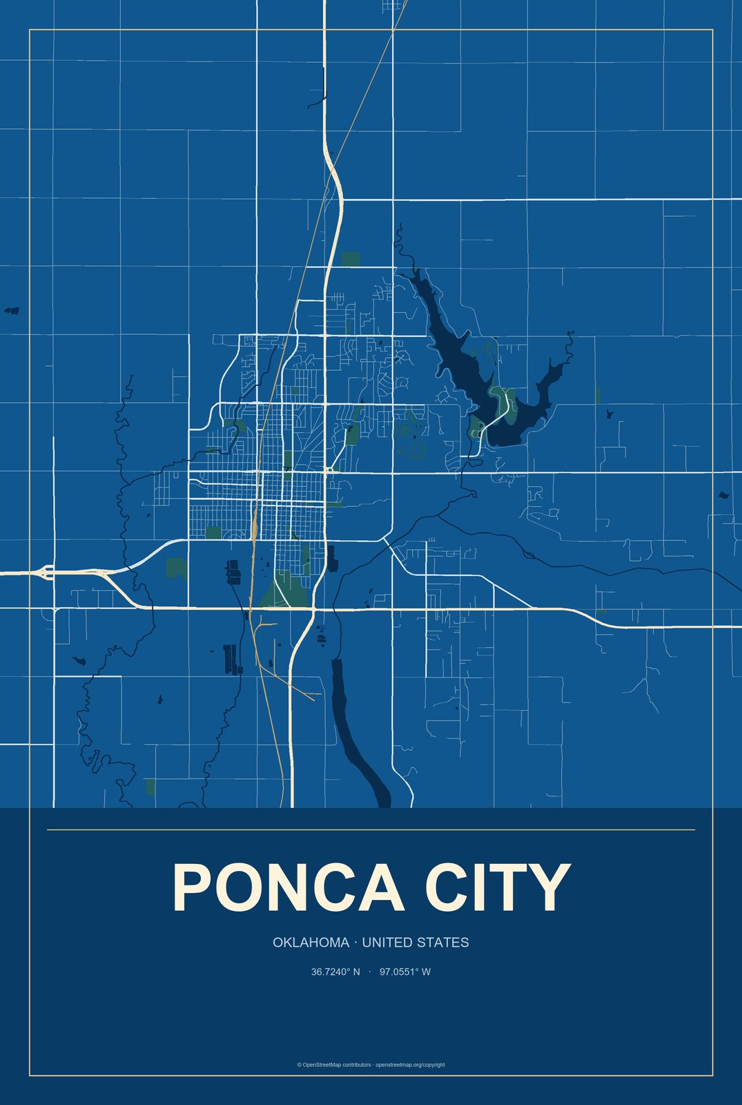 Ponca City, Oklahoma City Map Aluminum Sign in Harbor Cobalt style