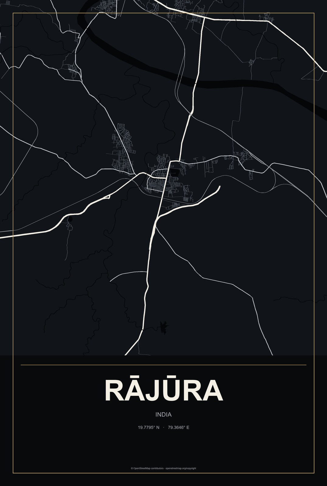 Rājūra, India City Map Aluminum Sign in Metropolitan Noir style