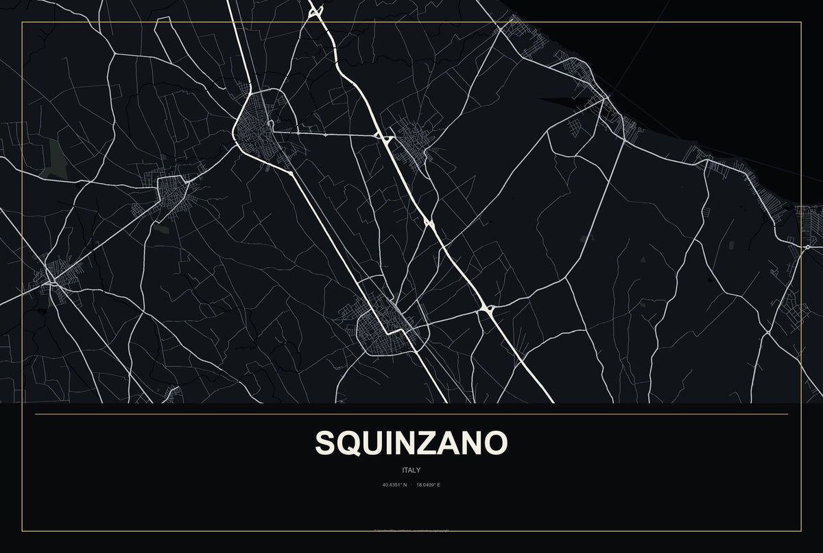 Squinzano, Italy City Map Aluminum Sign in Metropolitan Noir style